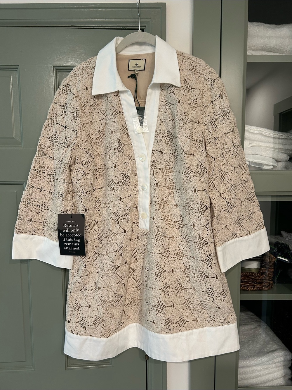 Tuckernuck Lace Overlay Tunic with White Trim - Beige